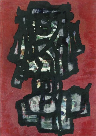 null Composition abstraite, motifs imprimés fond rouge. 21 x 15 cm 