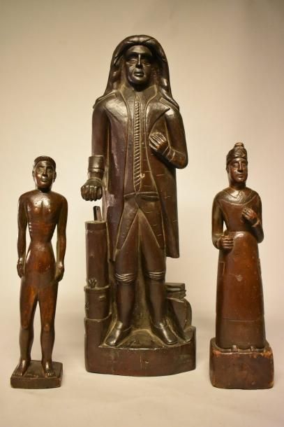 null Trois statues en bois sculptées par le même artiste. Denis Papin, éphèbe et...