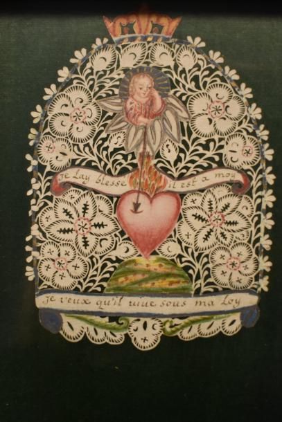 null Cinq images pieuses : Canivet XVIIIe siècle avec miniature peinte "le coeur...
