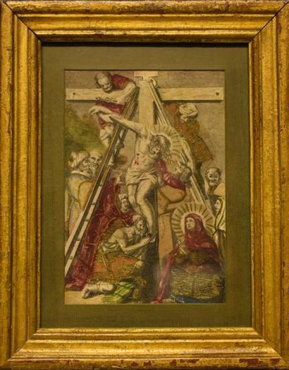null Gravure habillée représentant la descente de croix. XVIIIe siècle. H. 15,8 -...