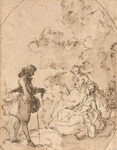  Ecole française du XVIIIe siècle : Scène galante. Plume et encre brune sur trait...