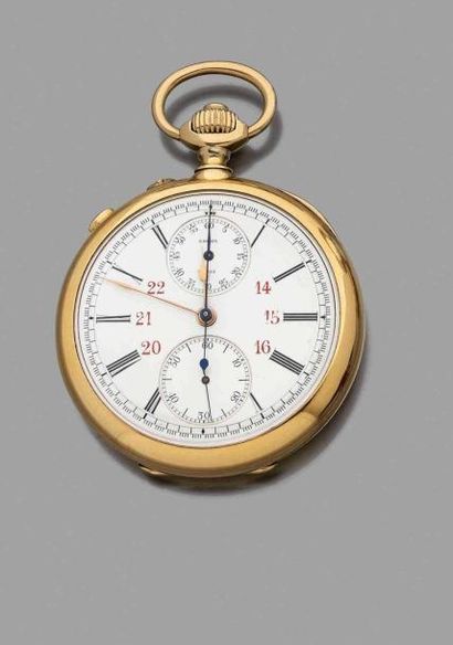 null Montre de gousset chronographe en or jaune 18K (750) à rattrapante, le cadran...