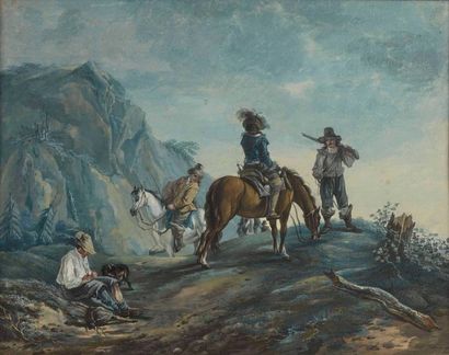  Ecole française de la fin du XVIIIe siècle : Cavaliers dans le goût de Wouvermans....