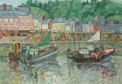 null Bateaux à Honfleur. Huile sur toile. 80 x 116 cm