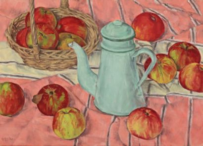 null Nature morte à la cafetière et aux pommes. Huile sur toile. 32 x 45 cm 