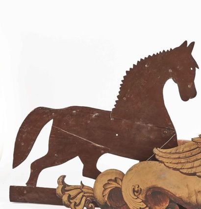 null Girouette en tôle découpée représentant un cheval au trot. Fin du XIXe siècle....