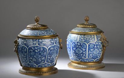 null Paire de pots couverts en porcelaine de Chine du XVIIIe siècle à décor bleu...