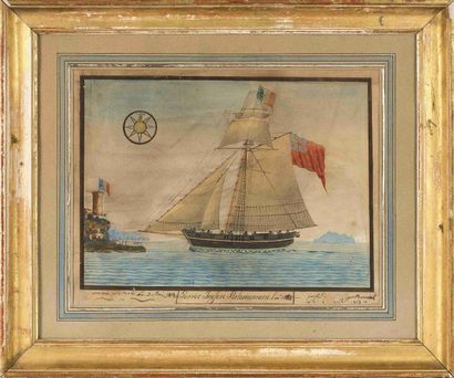 null Portrait d un voilier légendé Arrivée à Morlé (sic) le 3 mai 1813 Surrer Inglese...