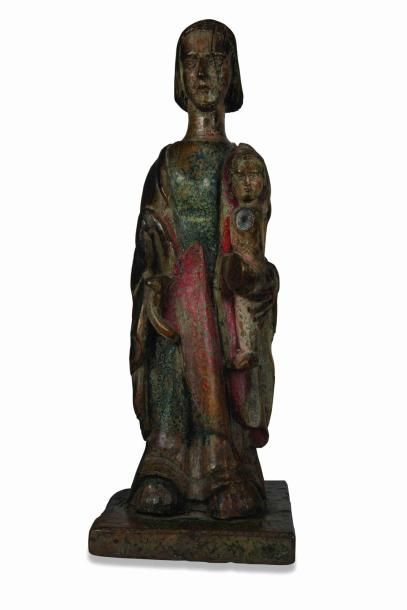 null Statue de la Vierge à l’Enfant en chêne sculpté avec traces de polychromie....