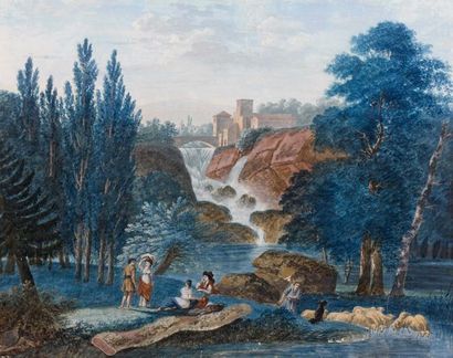  Pierre MOREL, école française vers 1800 
Bergers près d'une cascade 
Paire de gouaches,...