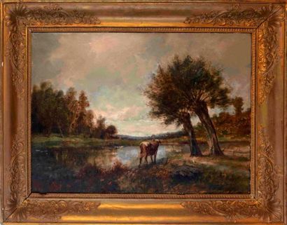  Emile LAMBINET (1815-1877) 
Vache au bord d'un étang avec deux lavandières 
Huile...