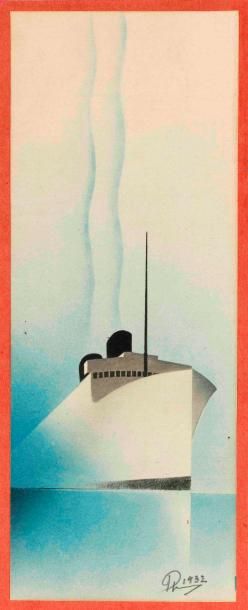  Projet d'affiche pour le Normandie. 
Aquarelle signée et datée 1932. 
Haut. 17 -...