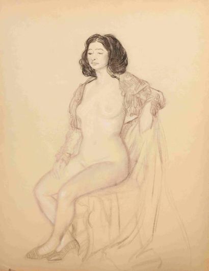  Attribué à Igniacio ZULOAGA (1870-1945) 
Le modèle dénudé 
Dessin au fusain et à...