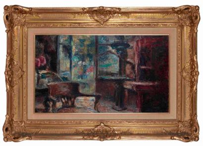  Pierre CALES (1870-1961) Intérieur au fauteuil Huile sur toile signée en bas à droite....