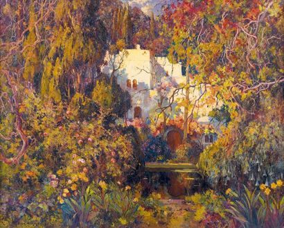 Eugène DESHAYES (1868-1939) Villa mauresque dans un jardin à Alger Toile marouflée,...