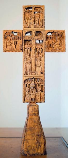 null Croix orthodoxe en bois sculpté, à décor double face: Visitation, Baptême du...