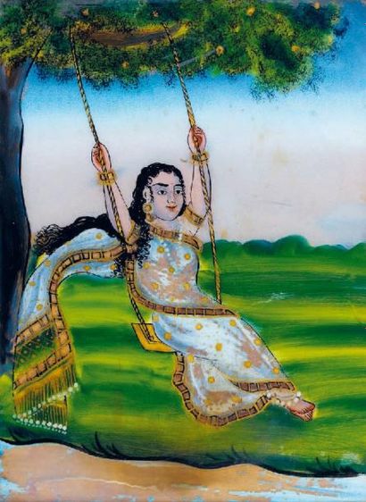null Fixé sous verre Jeune indienne en sari faisant de la balançoire Inde, style...