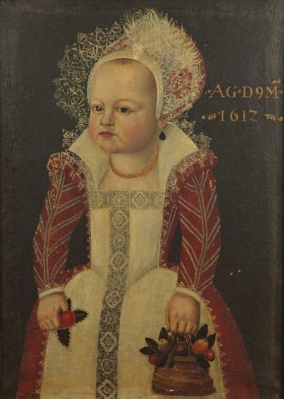 École anglo flamande, 1612 Jeune fille tenant un panier de fruits Toile d'origine....