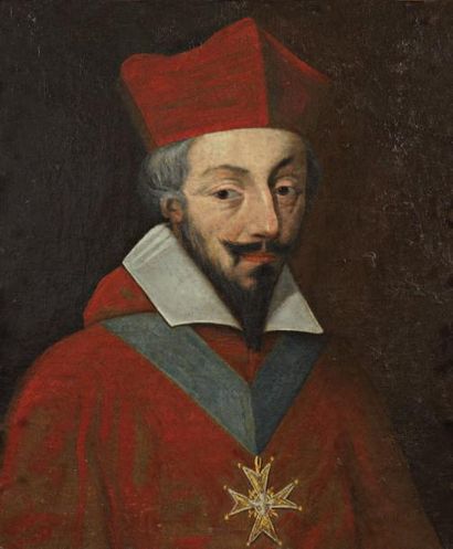 École française du XVIIe siècle Portrait en buste du Cardinal Mazarin Toile. Restaurations...