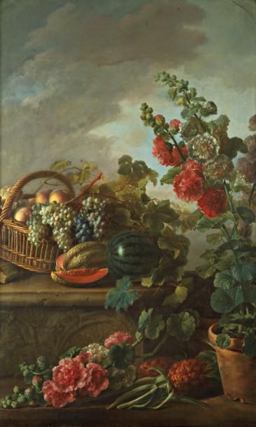Antoine BERJON (1754 - 1853) Nature morte au panier de pêches et raisins, pastèque...