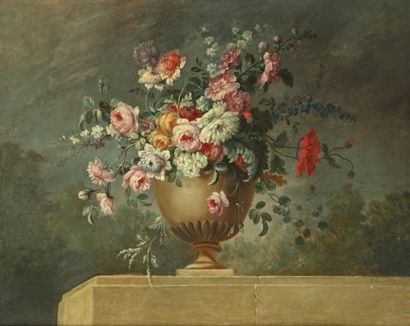 Dans le goût de LERICHE Bouquet de fleurs dans un vase posé sur un entablement Toile....