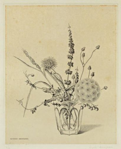 Kiyoshi HASEGAWA (1891-1980) Fleurs des champs dans un vase ou Automne 1951 Lithographie...