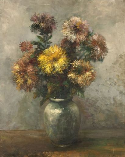 null Jules LELEU (1883-1961) : Vase de chrysanthèmes. Huile sur panneau signé en...
