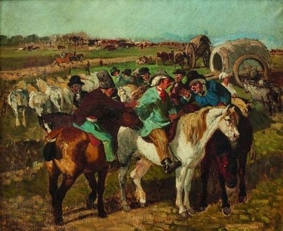 null Ecole française de la fin du XIXe siècle : Marché aux chevaux. Huile sur toile....