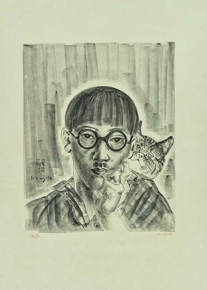 null Léonard-Tsuguharu FOUJITA (1886-1968) : Autoportrait au chat, 1927. Lithographie...