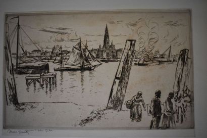 null Norbert GOENEUTTE (1854-1894) : Anvers. L’artiste longeant le port, 1891. Eau-forte...