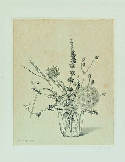 null Kiyoshi HASEGAWA (1891-1980) : Bouquet de fleurs des champs dans un verre (automne),...