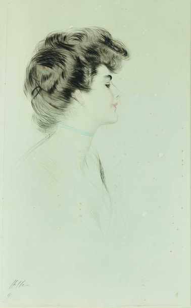 null Paul-César HELLEU (1859-1927) : Portrait de femme au ruban bleu. Pointe-sèche...