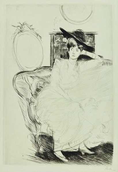 null Paul-César HELLEU (1859-1927) : Femme assise sur un canapé devant une cheminée...