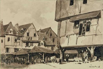 null Adolphe HERVIER (1818-1879) : Rouen, Les Halles, 1848. Dessin original. Plume...