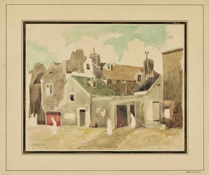 null Adolphe HERVIER (1818-1879) : Cour de maisons d’un village. Aquarelle originale,...