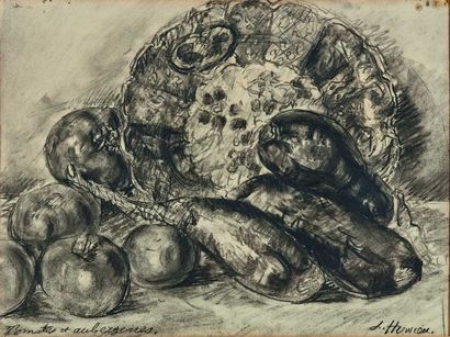 null Louise HERVIEU (1878-1954) : Tomates et Aubergines. Fusain. Signé et titré....