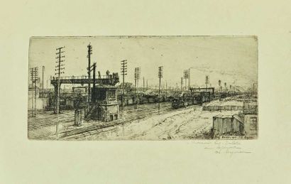 null Charles HEYMAN (1881-1915) : Les Chemins de fer en gare d’Ivry, 1912. Eau-forte...