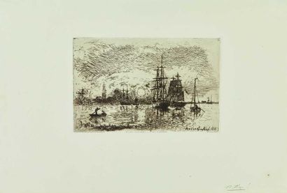 null Joan-Barthold JONGKIND (1819-1891) : Soleil couchant - Port d’Anvers. 1868....
