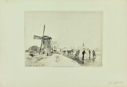 null Joan-Barthold JONGKIND (1819-1891) : Vue de la ville de Maaslins (Hollande),...