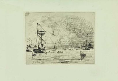 null Joan-Barthold JONGKIND (1819-1891) : Sortie du port de Honfleur, 1864. Eau-forte...