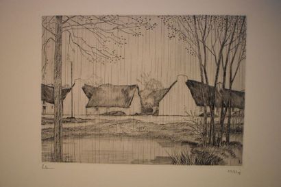 null Jean-Émile LABOUREUR (1877-1943) : Le Village sous la pluie, 1932. Eau-forte....
