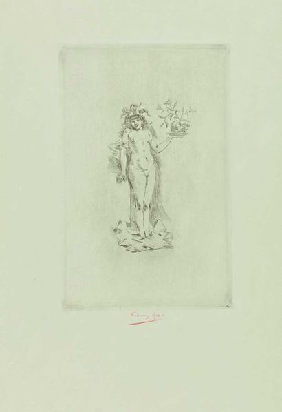 null Félicien ROPS (1833-1898) : La Femme à la fourrure debout. Pour Rimes de joie...