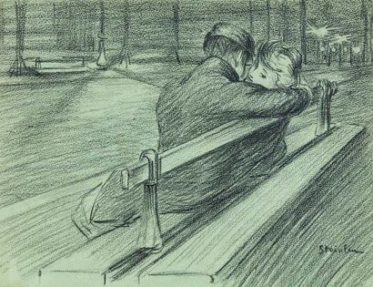 null Théophile-Alexandre STEINLEN (1859-1923) : Amoureux sur un banc, nocturne, c....