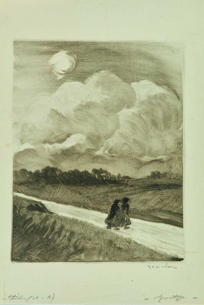 null Théophile-Alexandre STEINLEN (1854-1923) : Enfants sur la route. Monotype original,...