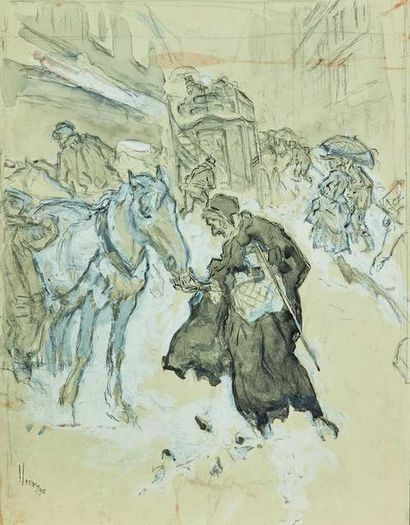 null Daniel VIERGE (1851-1904) : Scène de rue, vers 1900. Dessin original. Crayon,...