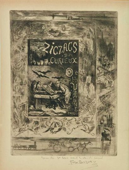 null Félix BUHOT (1847-1898) : Frontispice pour «Les Zigzags d’un curieux» de Uzanne,1888....