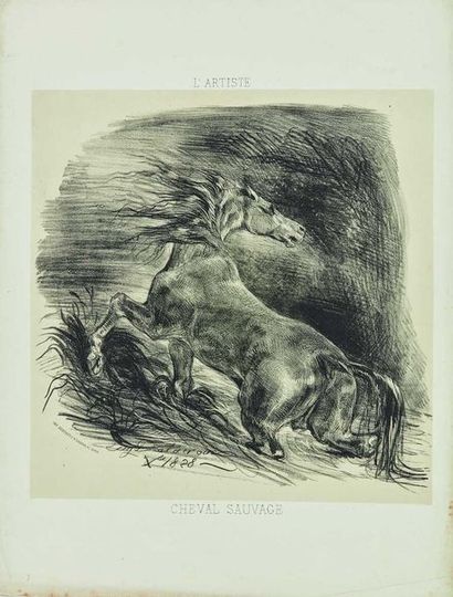 null Eugène DELACROIX (1798-1863) : Cheval sauvage ou Cheval effrayé sortant de l’eau,...