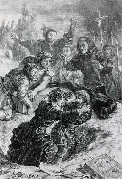 null Eugène DELACROIX (1798-1863) : Hamlet et Laertes dans la fosse d’Ophélie. Lithographie...