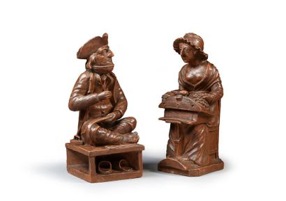 null Deux statuettes modelées et sculptées en terre cuite à patine brune figurant...