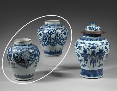 null Deux vases formant pendant en porcelaine blanche, à décor en bleu sous couverte...